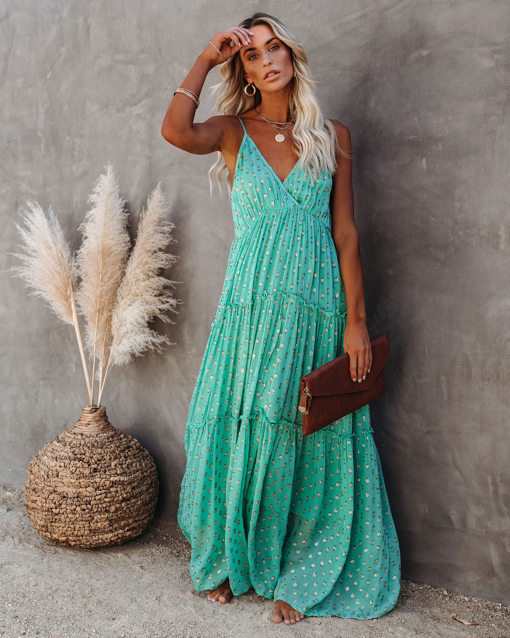 Fathoms Below Adjustable Metallic Tiered Maxi Dress Seafoam