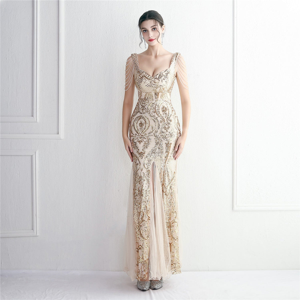 Sequin Mesh Craft Beaded Party Dress Long Cocktail Slim Fit Evening Dress Elegant Long - VelvetHem