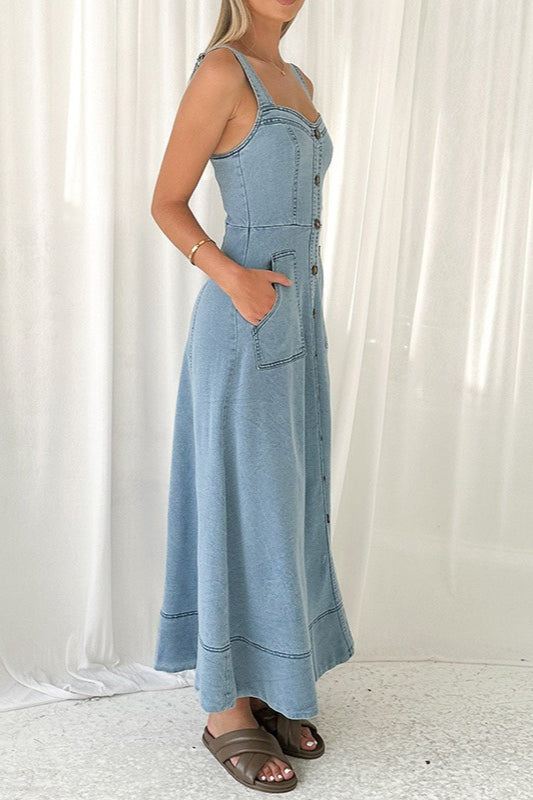 Strappy Backless Maxi Denim Dress - View 5 | VelvetHem