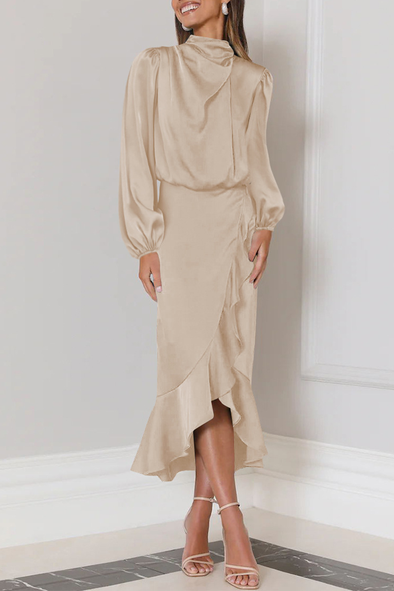 Elegant Solid Flounce Fold Turtleneck Evening Dress - View 12 | VelvetHem