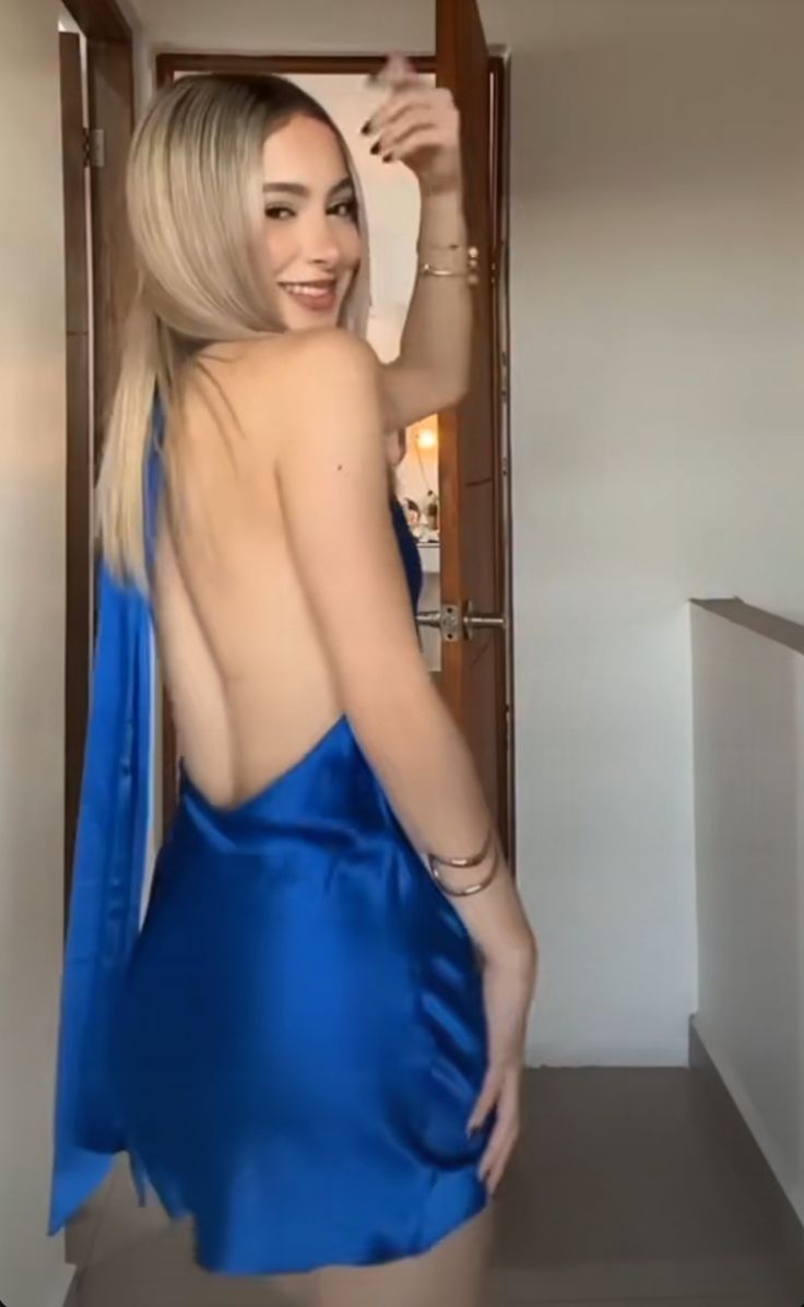 Stunning Royal Blue Halter Neck Satin 17th Birthday Homecoming Dress