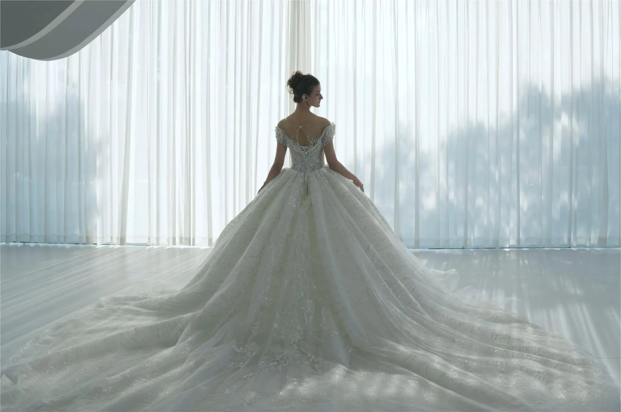 Ethereal Ball Gown Off-the-Shoulder Illusion Lace Wedding Dress with Beaded Embroidery & Cathedral Train M-002 (ZD16919)