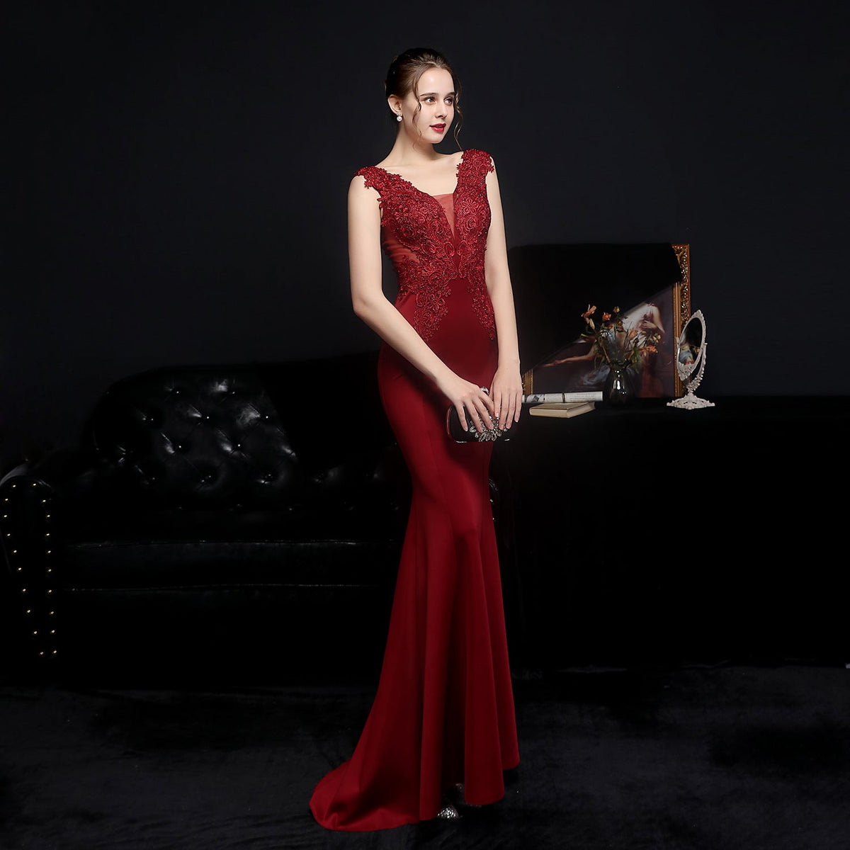 Full Lace European Diamond Toast Bride Fishtail Evening Dress - View 2 | VelvetHem