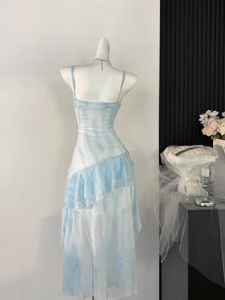 Beautiful High Low Spaghetti Straps Ice Blue Ombre Chiffon Prom Dress Party Dress