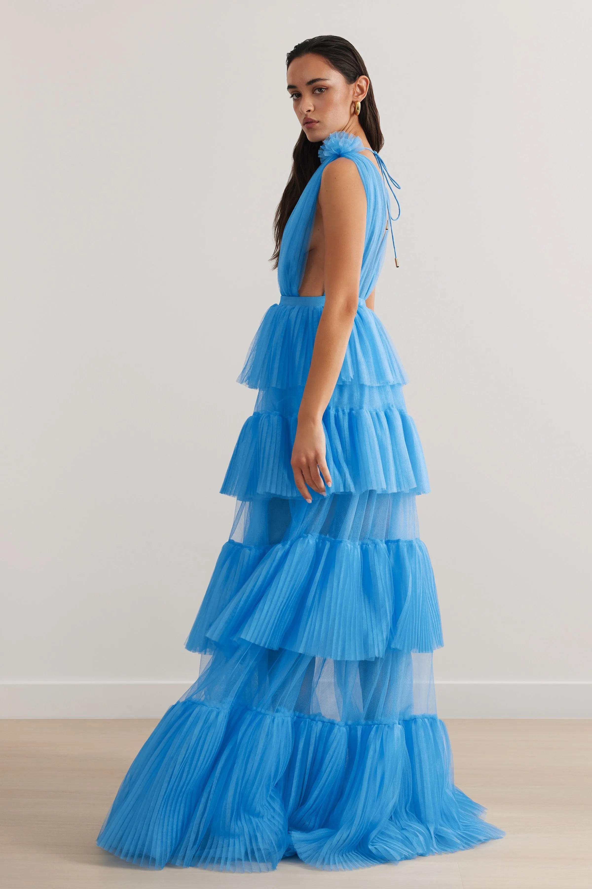 Blue Prom Dresses V Neck Special Occasion Dress Tiered Tulle Backless Side Split Wedding Party Gown Graduation Dress