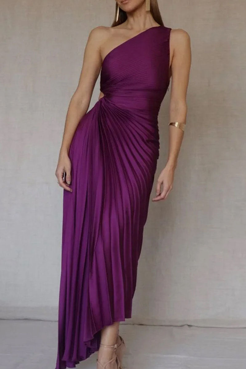 Elegant Solid Patchwork Fold Asymmetrical Oblique Collar Evening Dress Dresses - VelvetHem