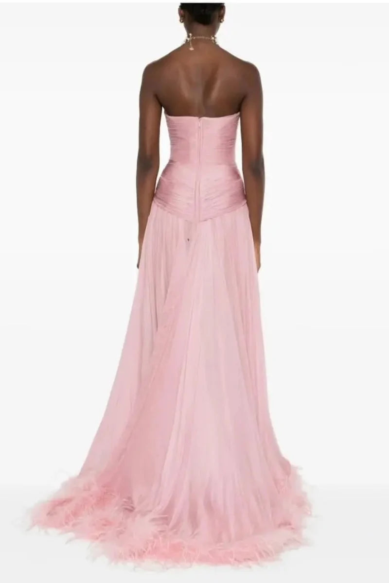 Chic Pink Sweetheart Pleats Sleeveless Pleated Prom Dress with Feather