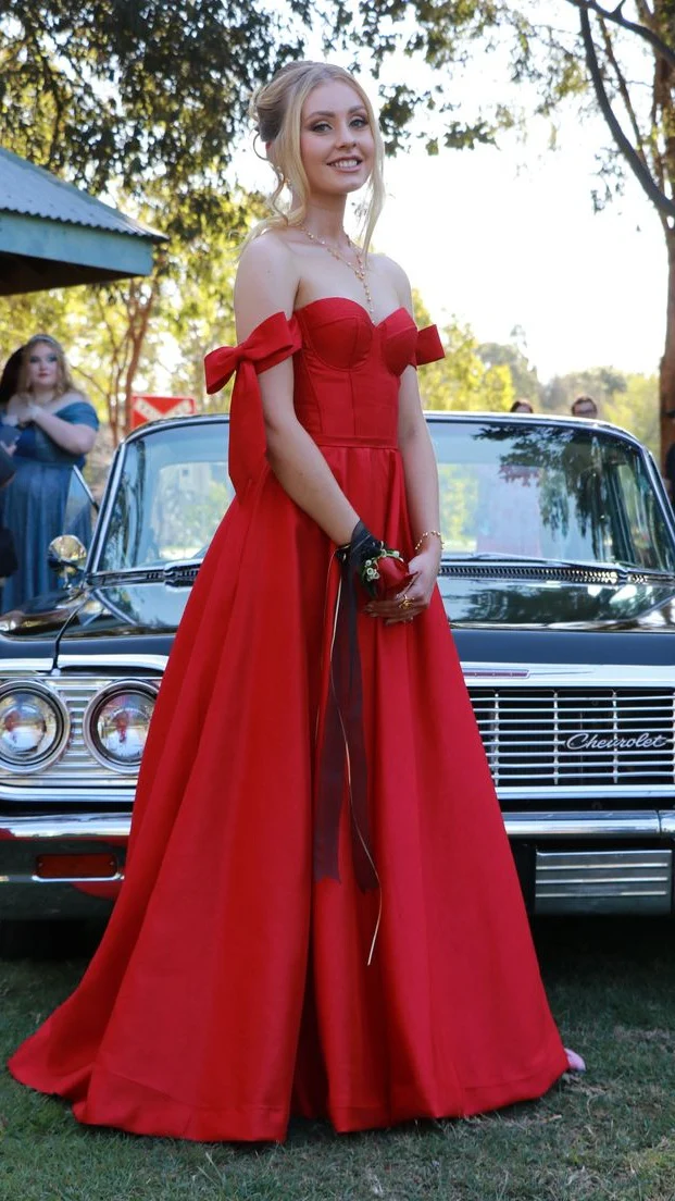 Red A-Line Prom Dresses Satin Evening Dress Long Birthday Party Gown