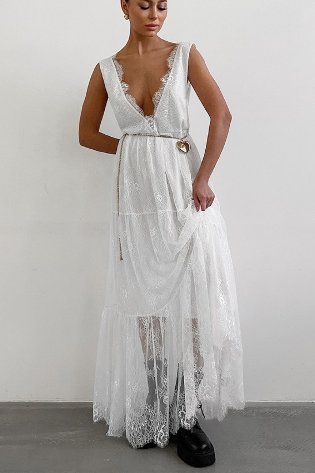 Lace V Neck Open Back Maxi Dress