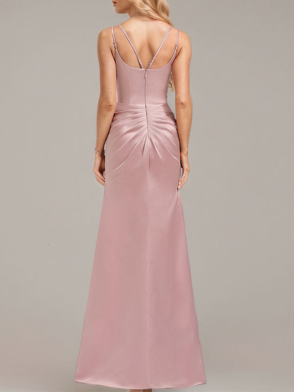 Dusty Rose Trumpet/Mermaid Spaghetti Straps Floor-Length Satin Bridesmaid Dress With Ruched
