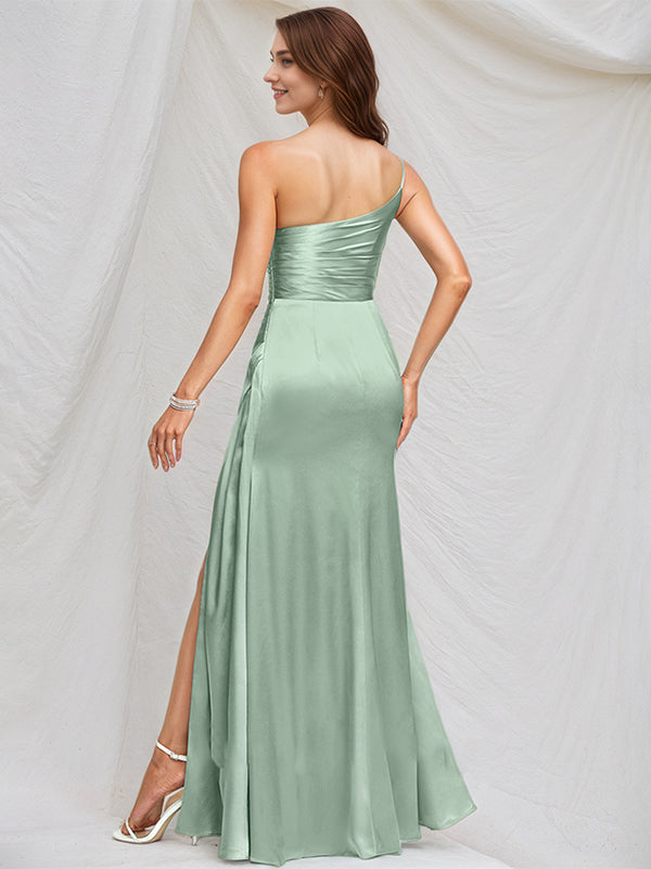 Agave Satin A Line One Shoulder Sleeveless Floor Length Bridesmaid Dress