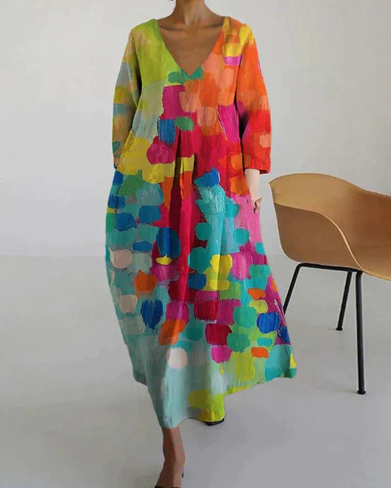 Luciana Exclusive Colorful Printed V Neck Dress Chic Silhouette Collection