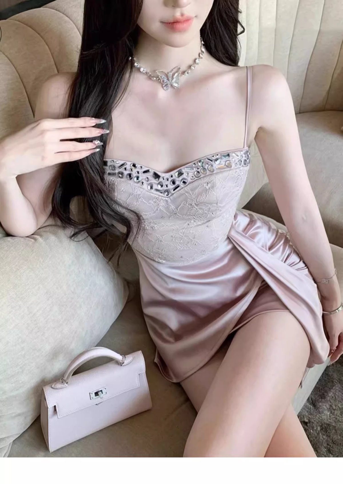 Spaghetti Strap Beaded Lace Short Homecoming Dress  J8053