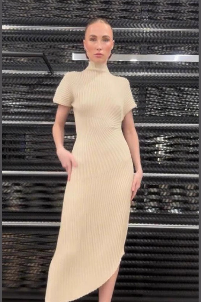 Solid Ribbed Pleated Slit Slim Elegant Sweater Dress - VelvetHem