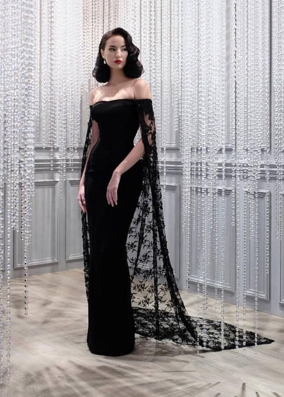 Black Mermaid Prom Dress With Cape Elegant Evening Dress Y14 - VelvetHem