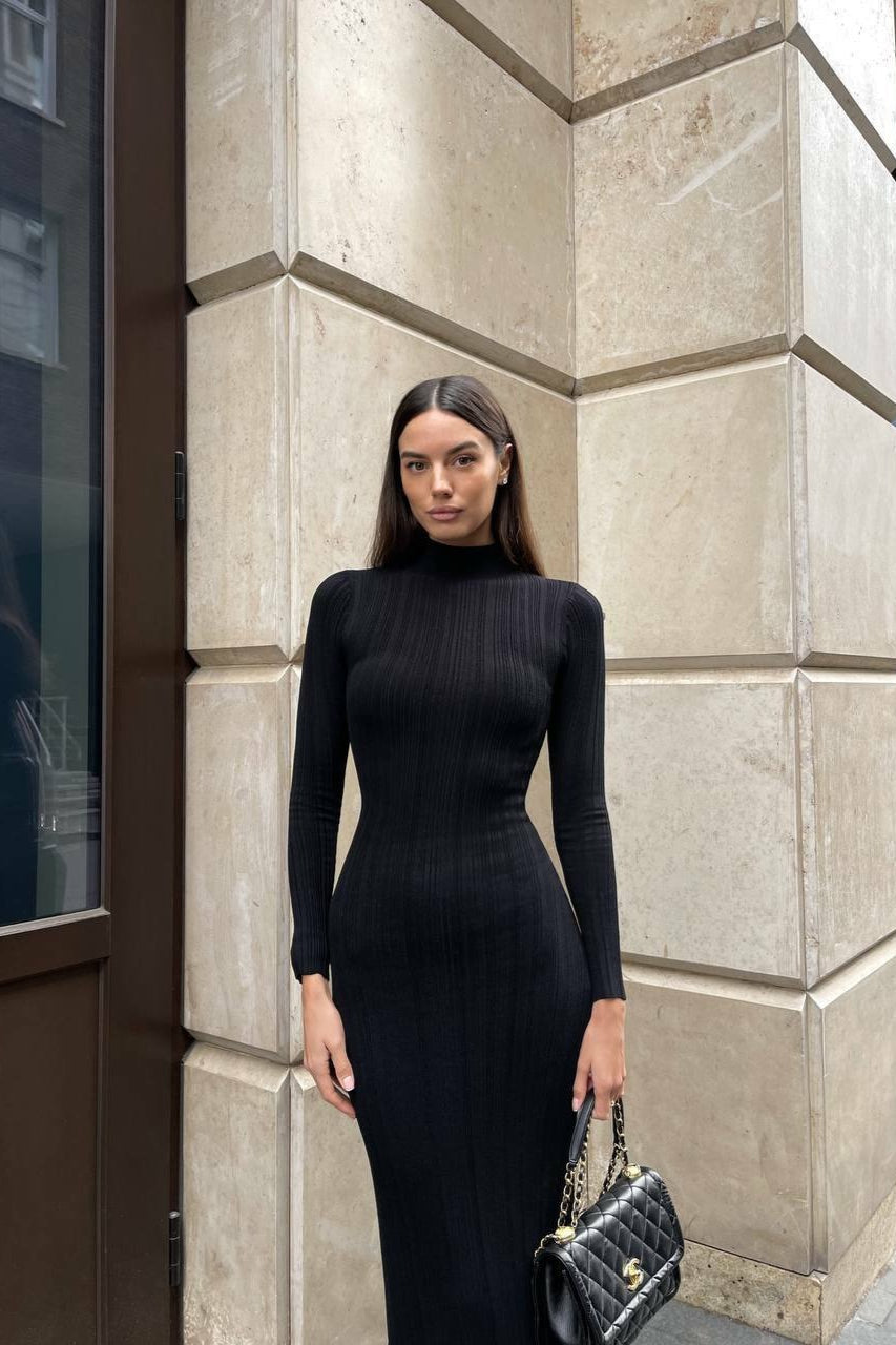 Turtleneck Striped Knit Slim-Fit Long Sleeve Sweater Dress - View 6 | VelvetHem