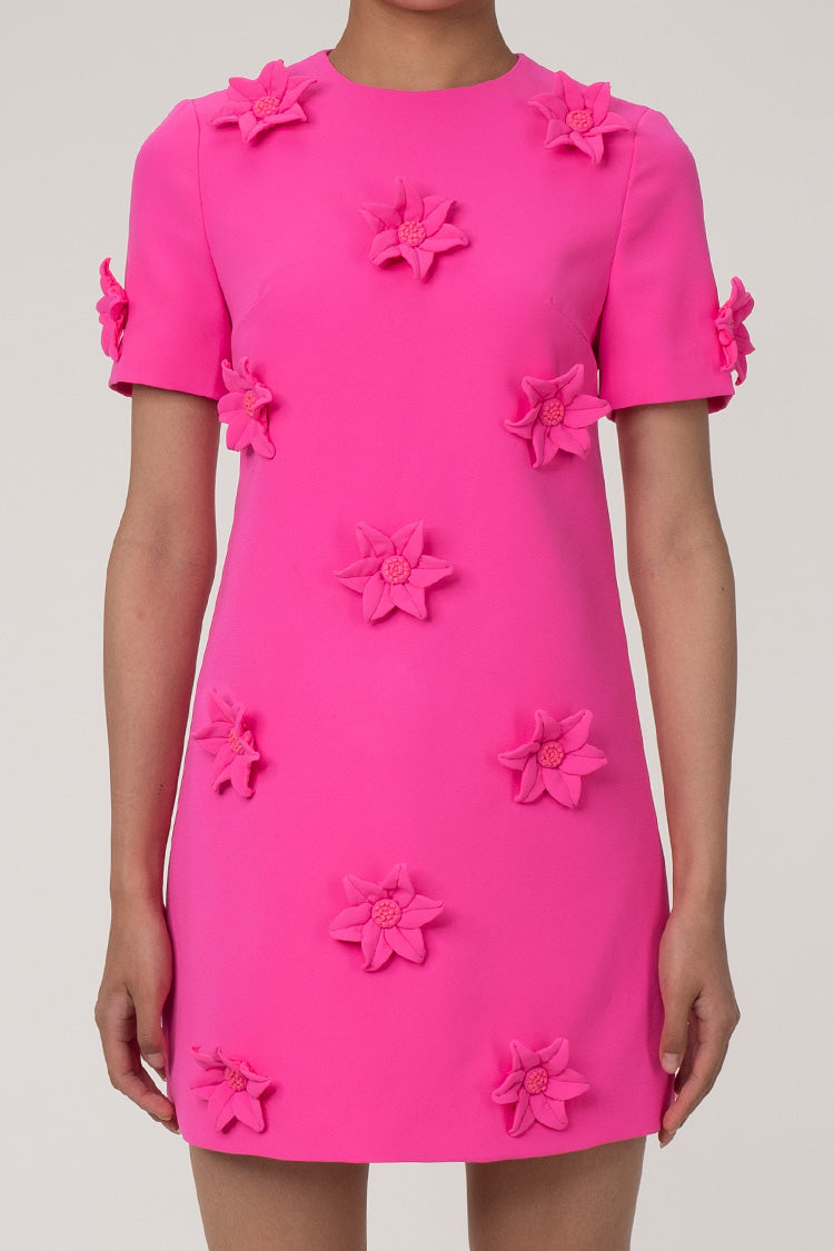 Feminine Rosette Crew Neck Short Sleeve Crepe Shift Party Mini Dress - Fashionpara