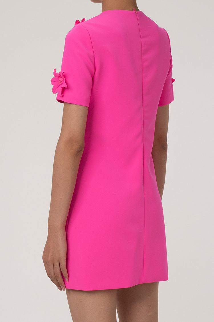 Feminine Rosette Crew Neck Short Sleeve Crepe Shift Party Mini Dress - Fashionpara