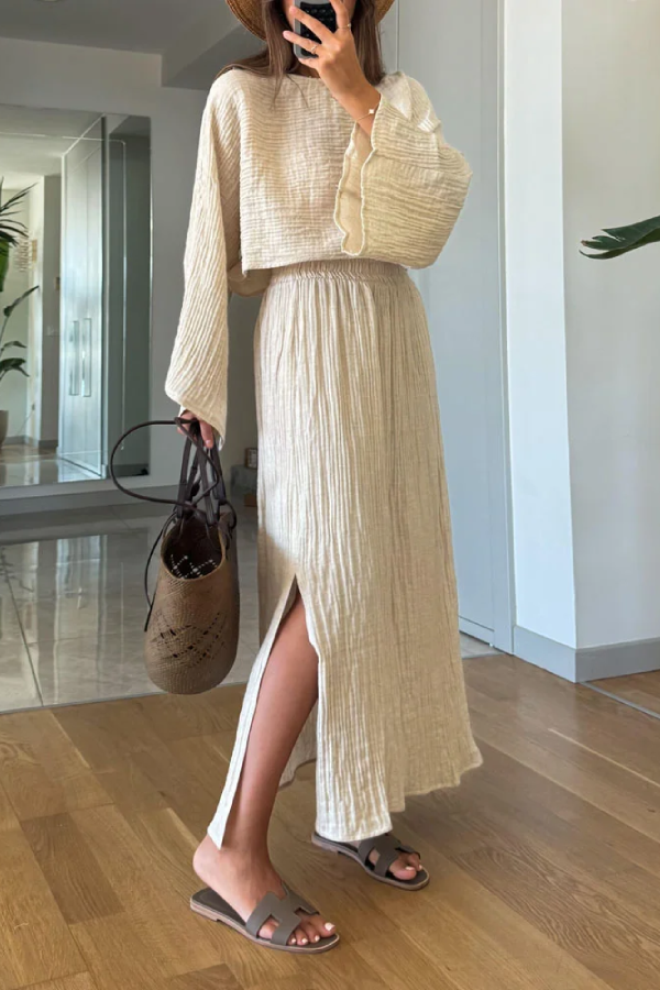 Casual Holiday Trumpet Sleeve Top & Split Skirt Two-Piece Set