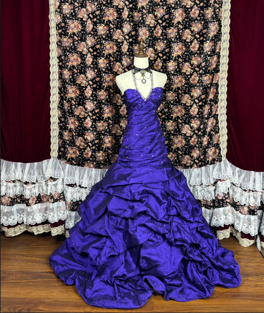Beaded Purple Satin Long Prom Dress Vintage Formal Evening Dress