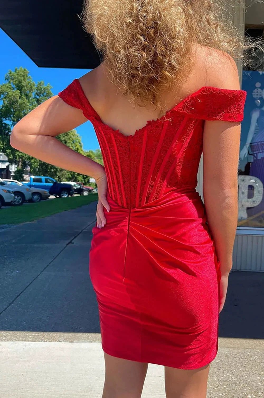Cute Red Off the Shoulder Satin Homecoming Dresses with Lace (ZD11432) - View 3 | VelvetHem