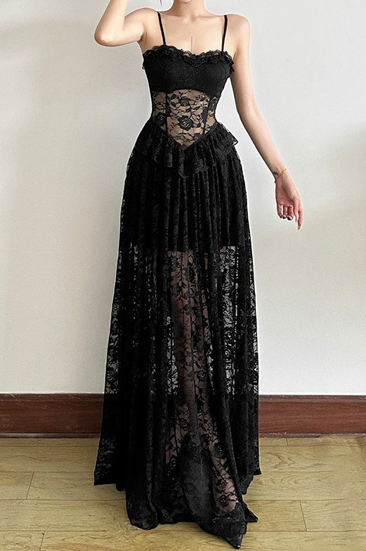 Sleeveless Ruffled Waist Maxi Lace Dress - View 3 | VelvetHem
