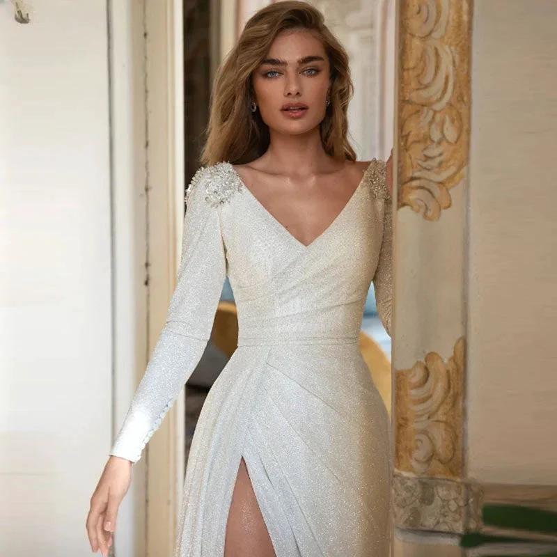 Sparkly Wedding Dresses Sheath V-Neck Long Sleeves Beaded Backless Bridal Gown Side Split Vestido De Noiva Court Train (ZD13478)