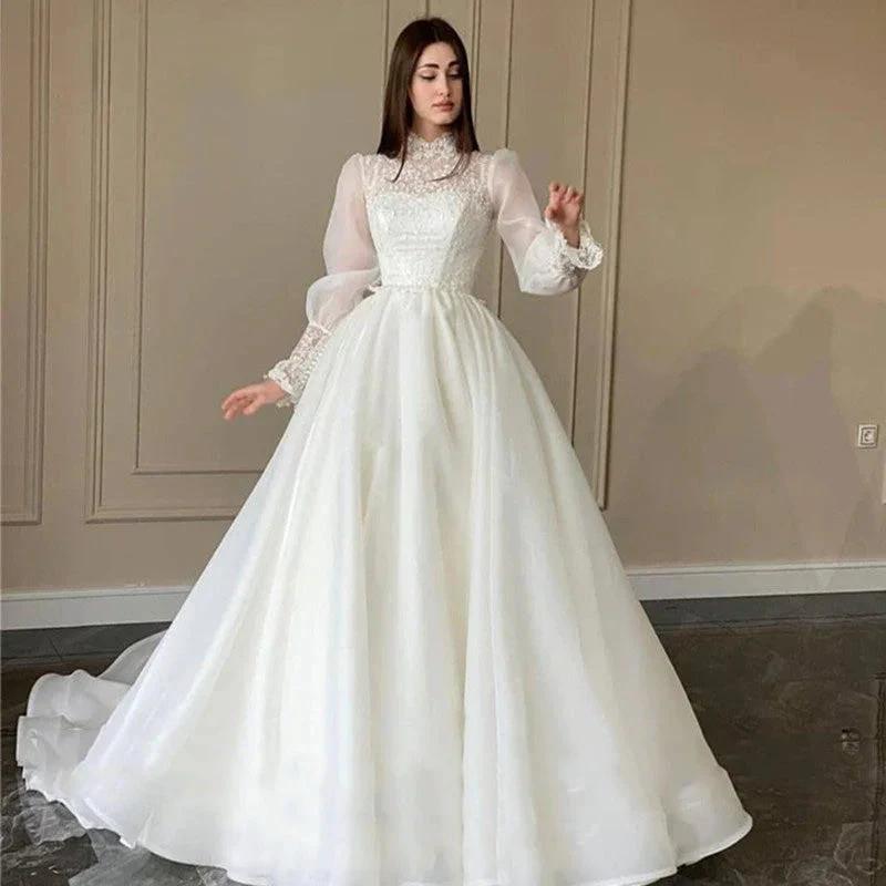 Organza A Line Appliques Lace Wedding Dress Puff Long Sleeves High Neck Bridal Gowns Robe De Mariage Custom (ZD13469)