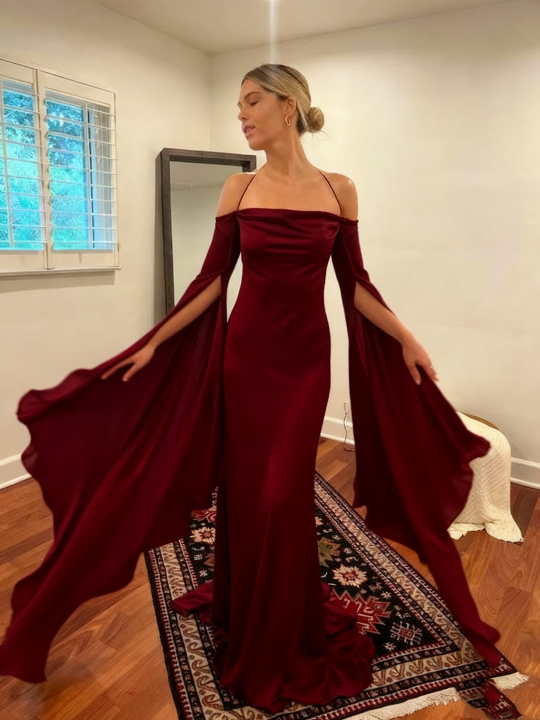 Wedding Dresses Soft Satin Long Floor Length Open Back Simple Bridal Gown With Detachable Flare Sleeves       fg6409