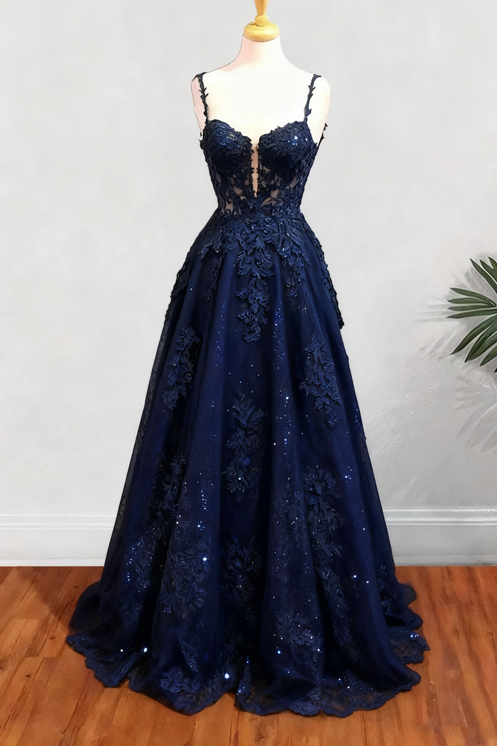 A-line Spaghetti Straps Long/Floor-Length Tulle Prom Dress With Beading Glitter Appliqued       fg6754