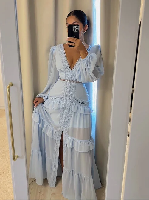Blue Chiffon Long Prom Dresses Sexy Evening Dress - View 3 | VelvetHem