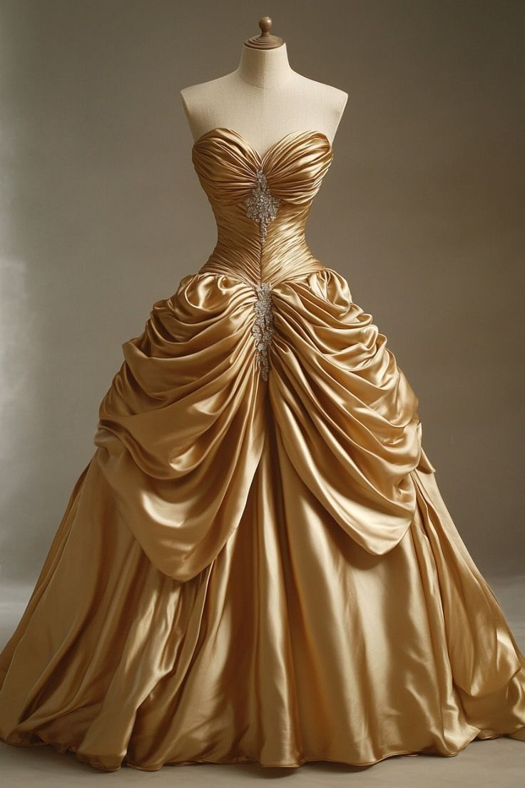 Sweetheart Neck Gold Birthday Ball Gown Satin Long Prom Dress