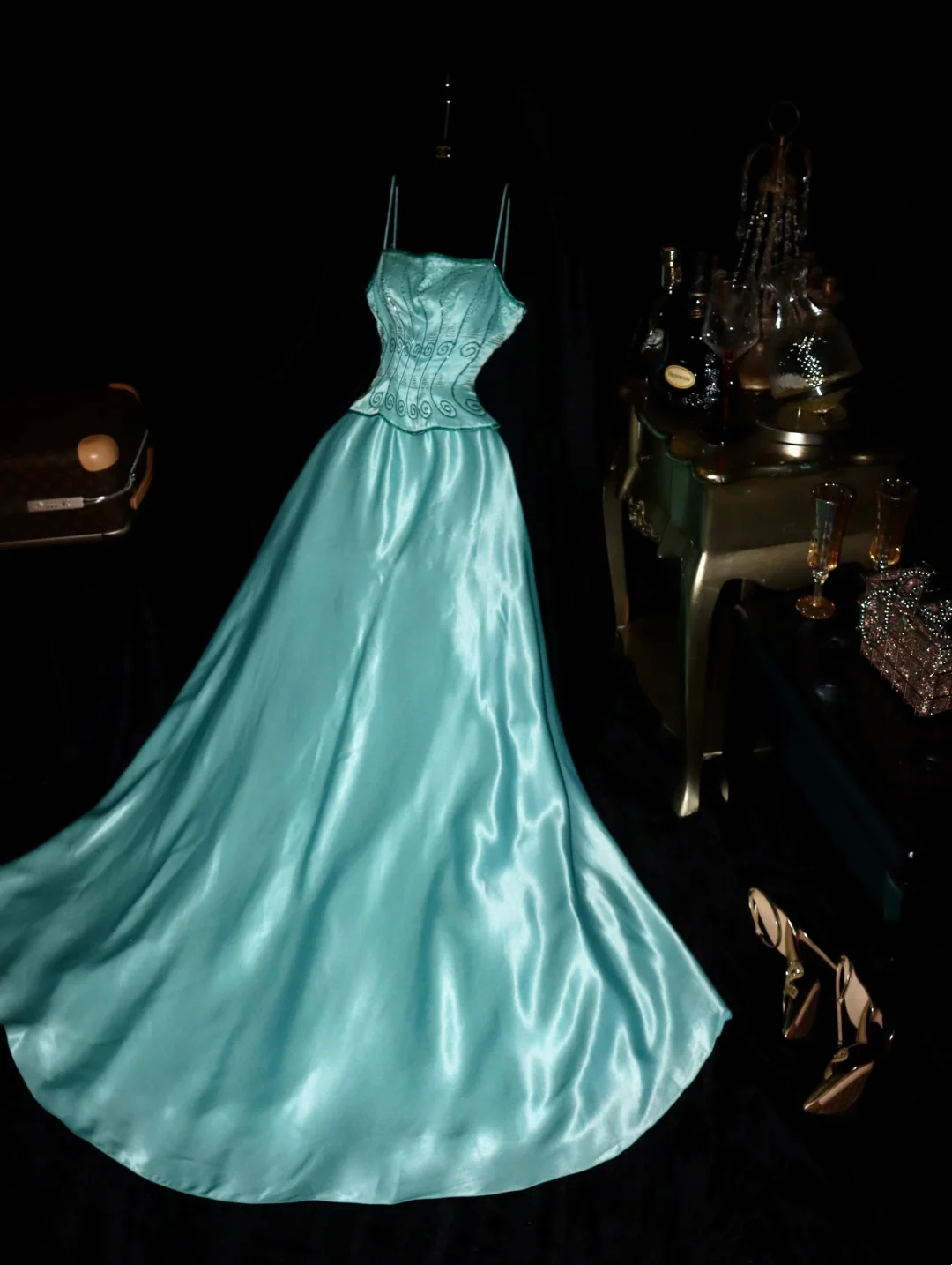 Blue Satin Long Prom Dress Beaded Vintage Birthday Outfit - FashionDia