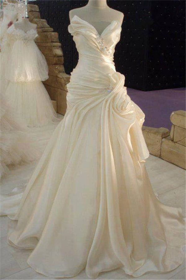 Ruffless Cream Satin Wedding Dress with Beadings Classic Long Bridal Dress  fg8282
