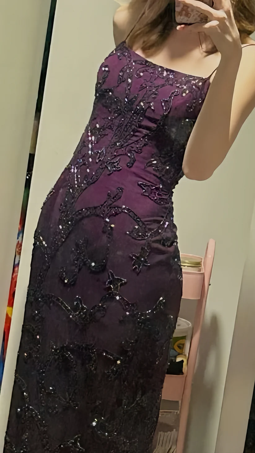 Purple Sheath Beaded Prom Dresses Long Slim Evening Party Dress