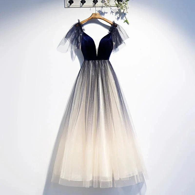 Blue v neck velvet top tulle short homecoming dress s98 by simplepromdress