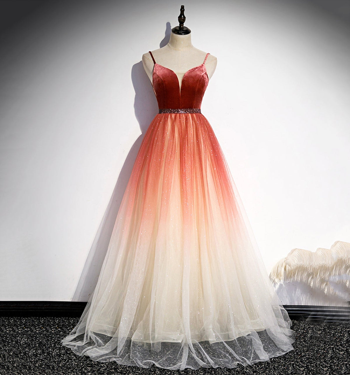 A line v neck tulle evening dress s74 - VelvetHem