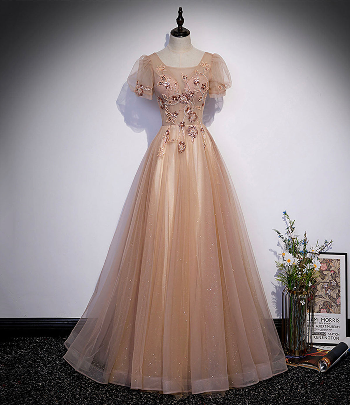 Cute tulle beads long prom dress A line evening gown s63 - VelvetHem