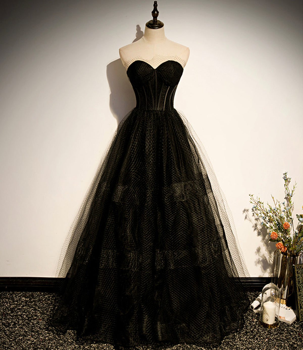 Black tulle long A line prom dress black evening dress s68 - VelvetHem