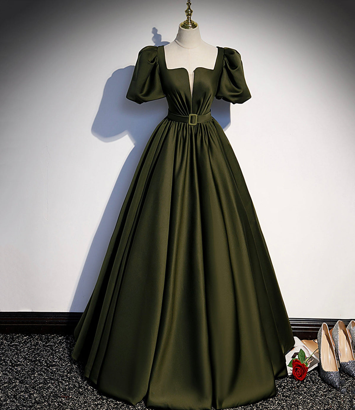 Green satin long prom dress A-line evening dress s87 - VelvetHem
