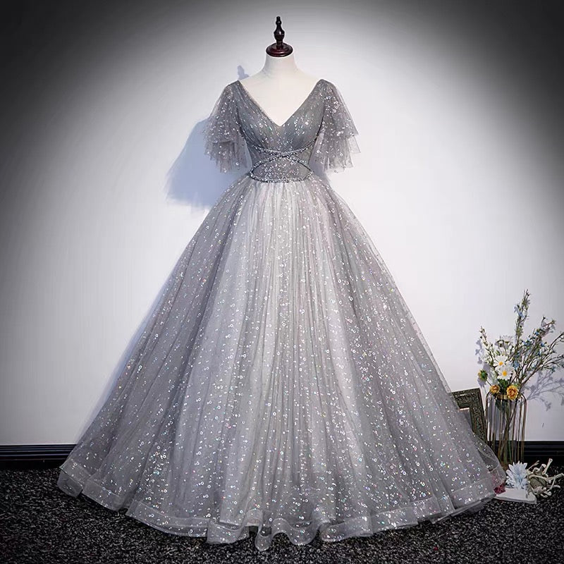 Gray tulle sequins long prom dress A line evening gown s65 - VelvetHem