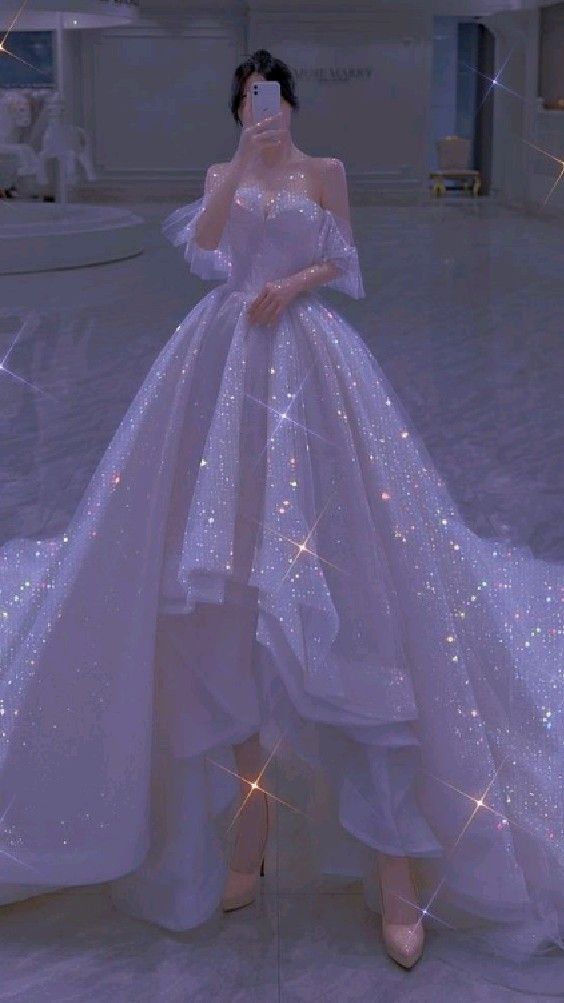 White Glitter Hi-low Prom Dress Off The Shoulder Wedding Dress With Long Train