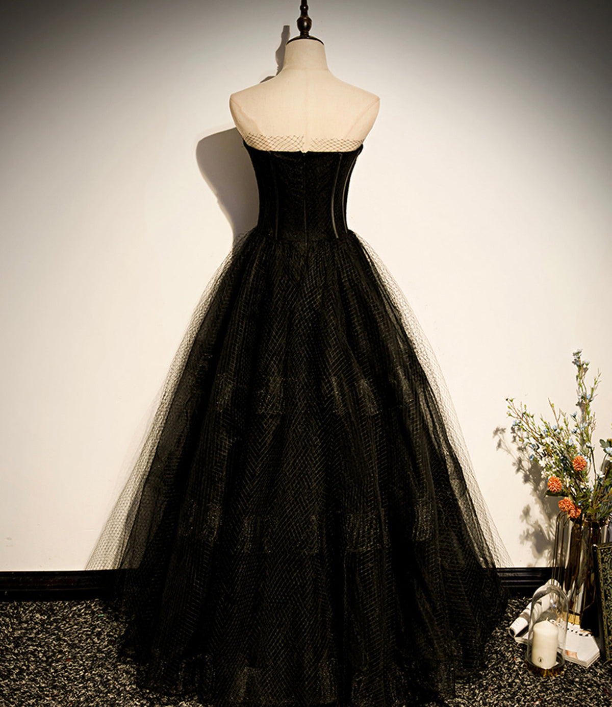 Black tulle long A line prom dress black evening dress s68 - View 4 | VelvetHem
