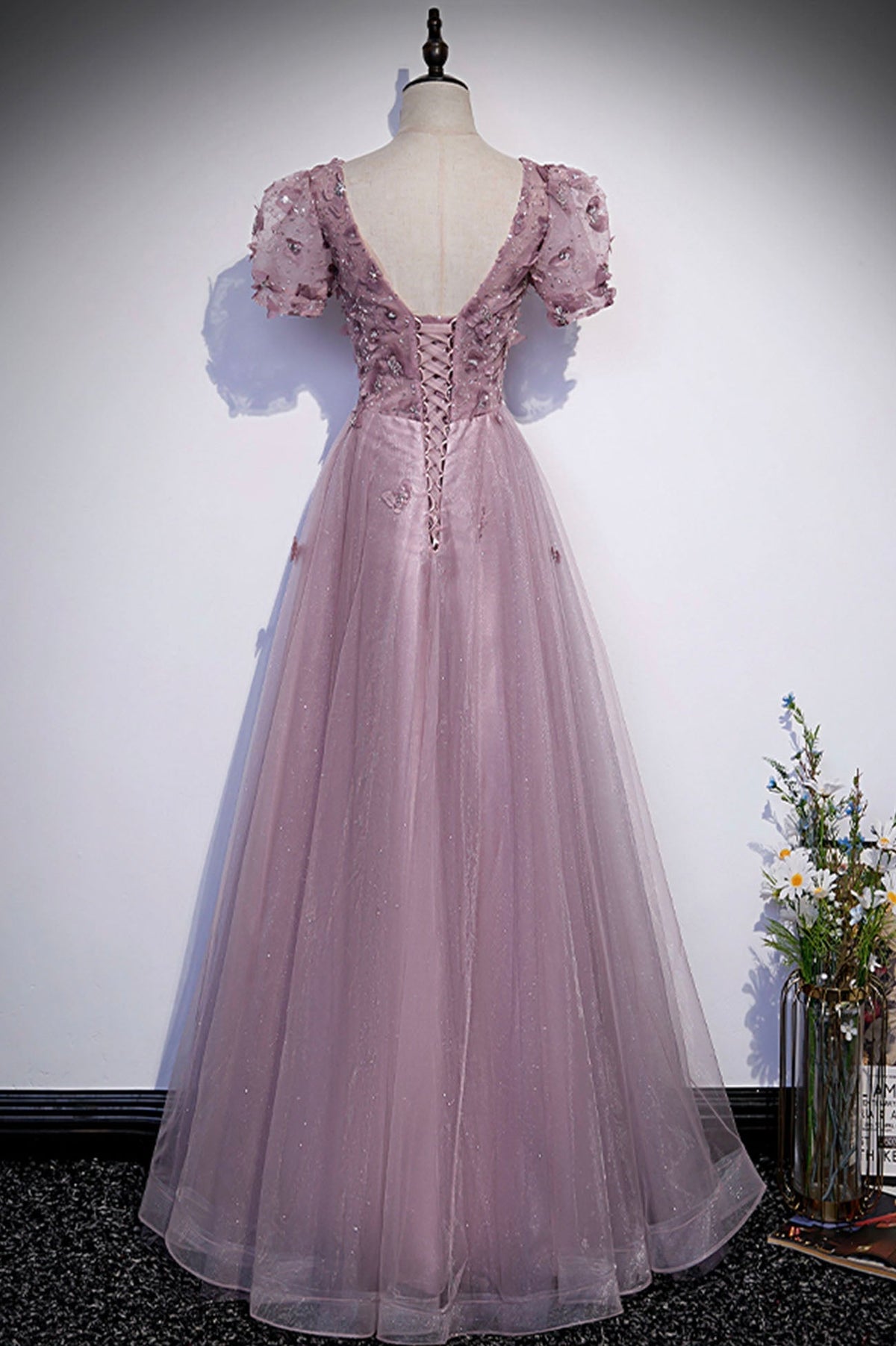 Pink tulle sequins long prom dress pink evening dress s61 - View 2 | VelvetHem