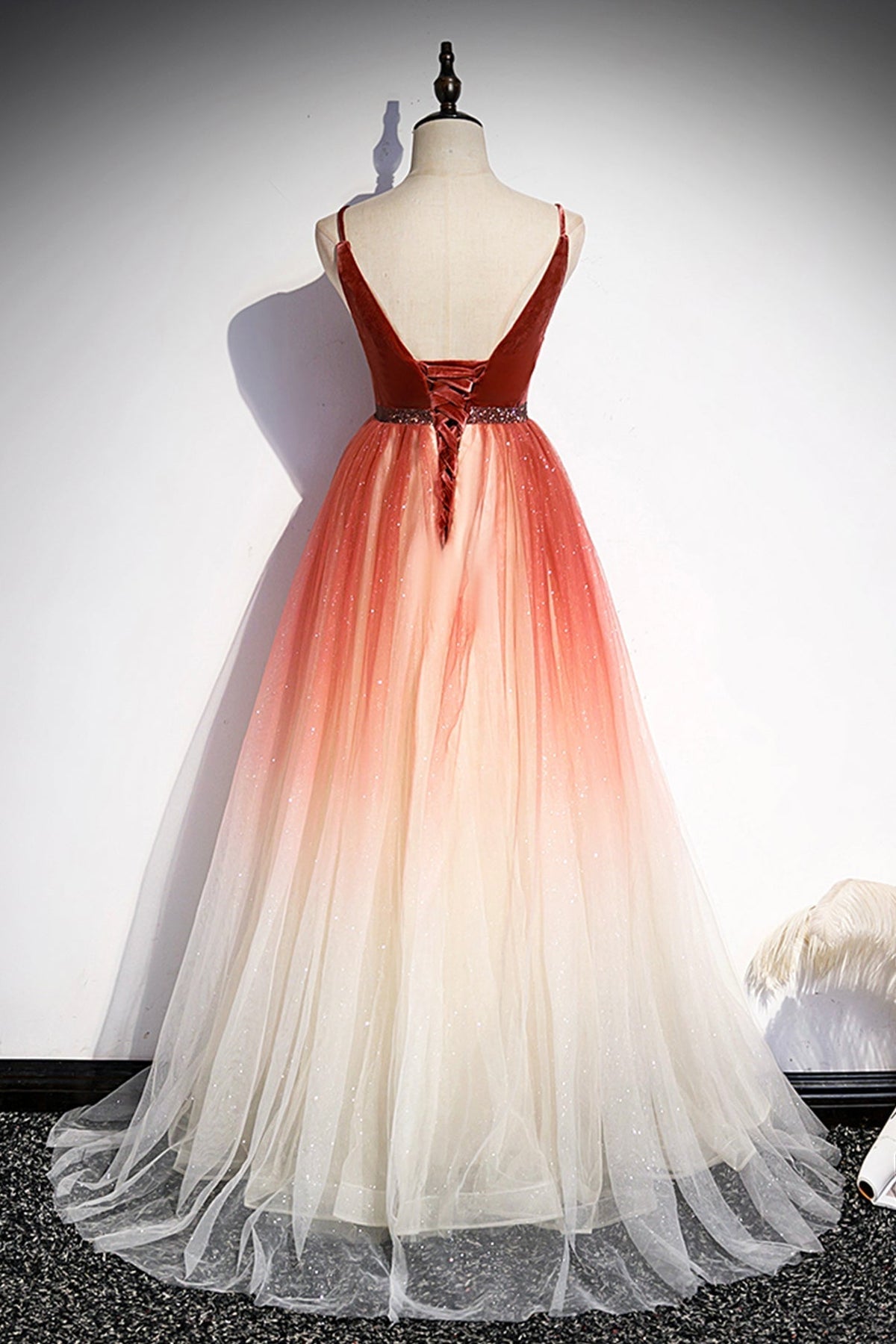 A line v neck tulle evening dress s74 - View 3 | VelvetHem