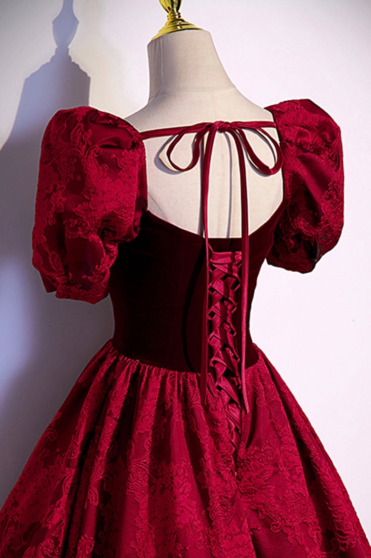 Burgundy velvet jacquard long prom dress evening dress s89 - View 4 | VelvetHem