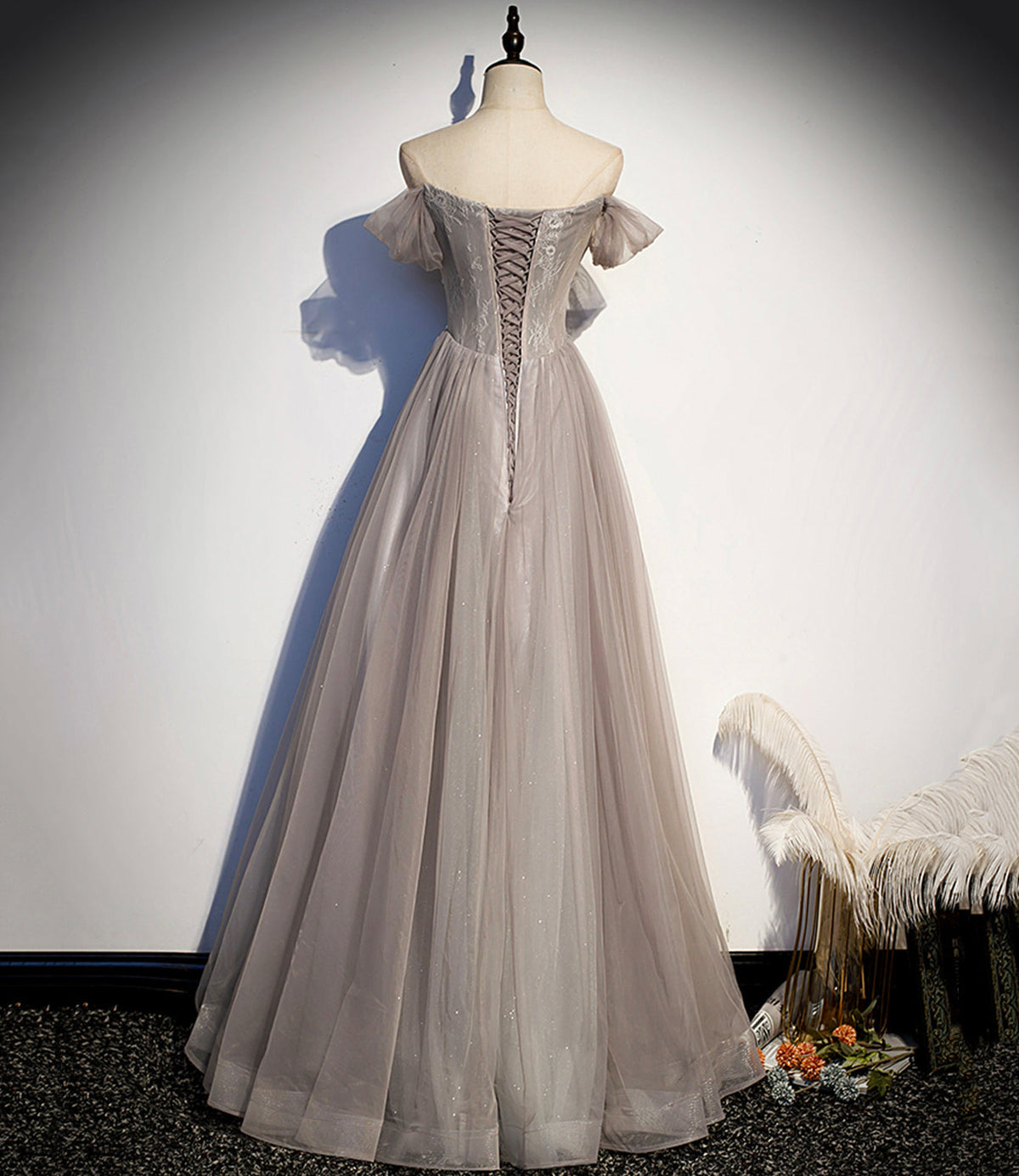 Elegant tulle lace long prom dress A line evening gown s67 - View 4 | VelvetHem