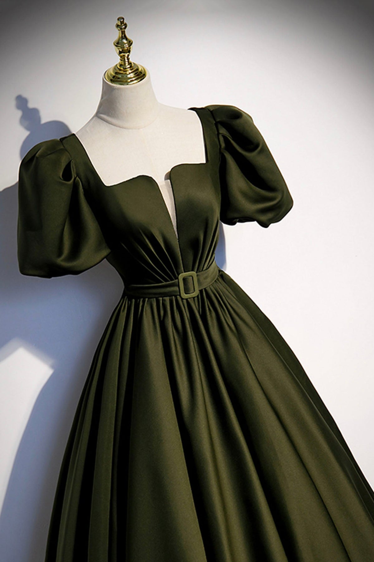 Green satin long prom dress A-line evening dress s87 - View 4 | VelvetHem