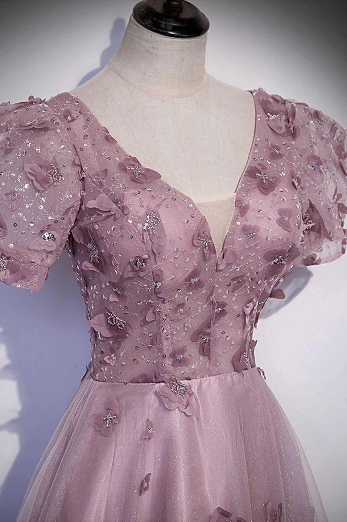 Pink tulle sequins long prom dress pink evening dress s61 - View 3 | VelvetHem