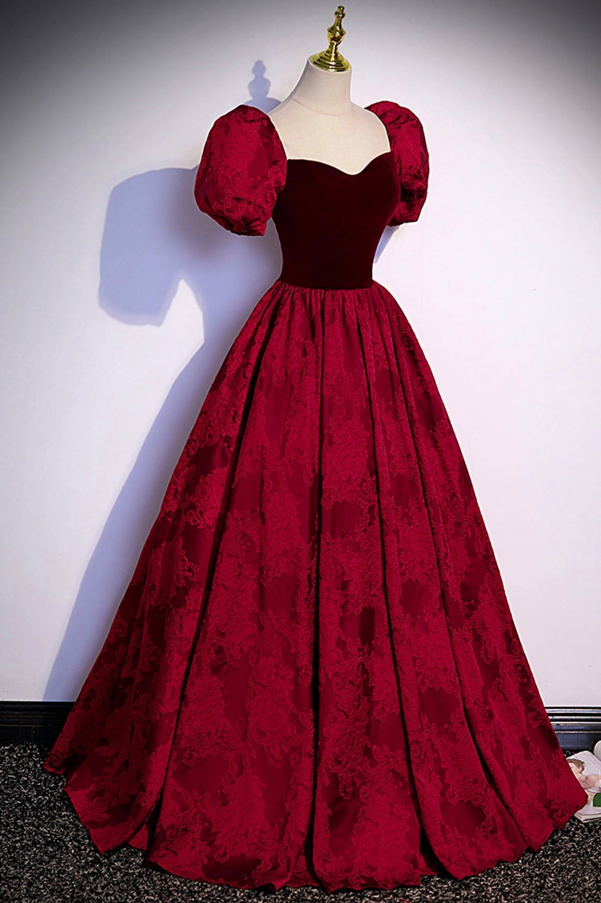 Burgundy velvet jacquard long prom dress evening dress s89 - View 2 | VelvetHem
